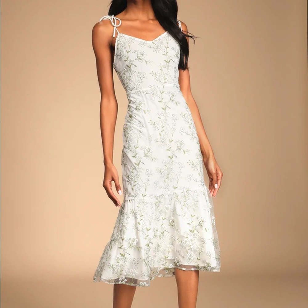 White Floral Embroidered Tie-Strap Midi Dress